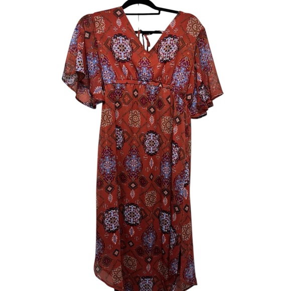 Maurice’s Medallion  Bohemian Rust High Low Patterned Midi Dress size Medium - Picture 4 of 16
